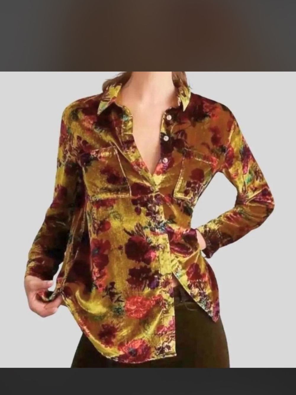 Pilcro Velvet Floral Hadley Button-Down in gold